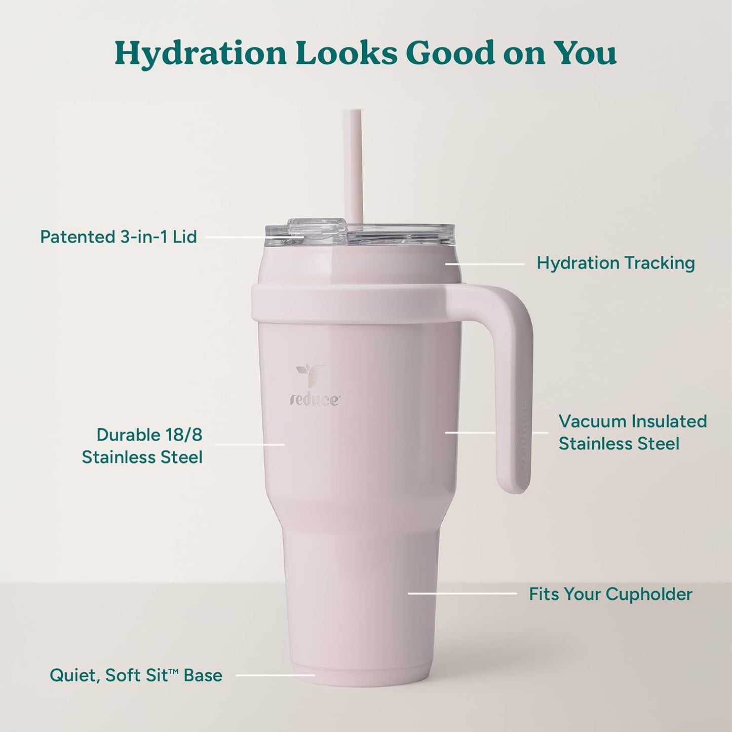 REDUCE Cold1 40 oz Tumbler - Vacuum Insulated Stainless Steel Water Bottle with Handle & Straw | Gloss Cotton Finish