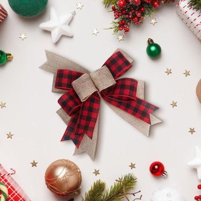 CREATCABIN Christmas Plaid Bow - 9.8 x 8.5 Inch Burlap Bowknot Ornament for Wreaths & Holiday Decor