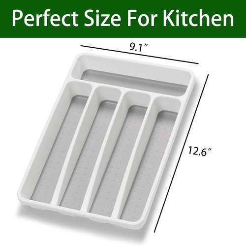 Loyareal Silverware Organizer - 5 Compartment Plastic Kitchen Drawer Tray | White Flatware Holder