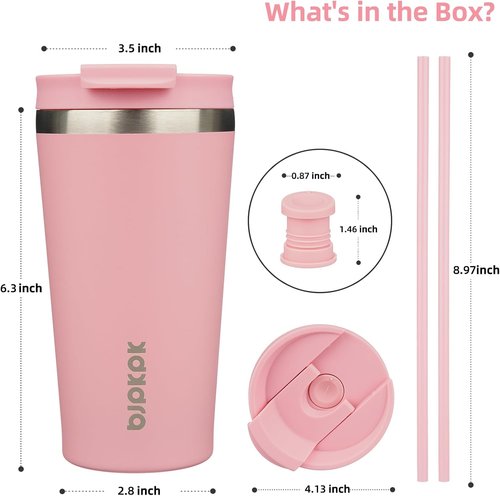 BJPKPK 18oz Insulated Stainless Steel Travel Coffee Mug - Light Pink with Lid & Straw