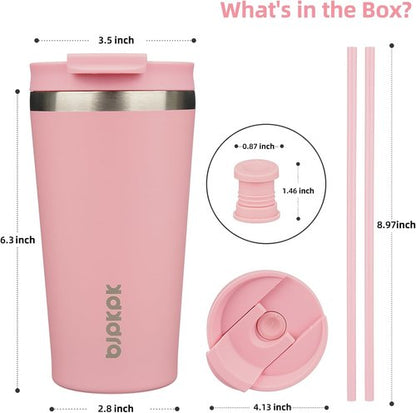 BJPKPK 18oz Insulated Stainless Steel Travel Coffee Mug - Light Pink with Lid & Straw