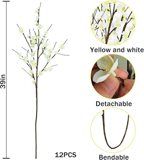 Krissing Cherry Blossom Branches - 39” Tall Artificial White Flowers for Home & Wedding Decor