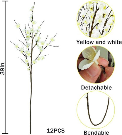 Krissing Cherry Blossom Branches - 39” Tall Artificial White Flowers for Home & Wedding Decor