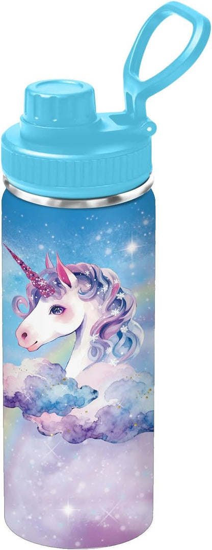 Skiennix Unicorn Water Bottle - 18oz Stainless Steel Insulated Tumbler with 2 Lids & Handle | Leak-Proof Design