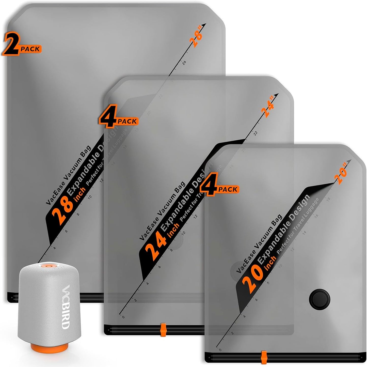 Vacbird Rechargeable Wireless Pump Travel Storage Bags - 10 Pack Portable Vacuum Compression Bags for Clothes & Blankets