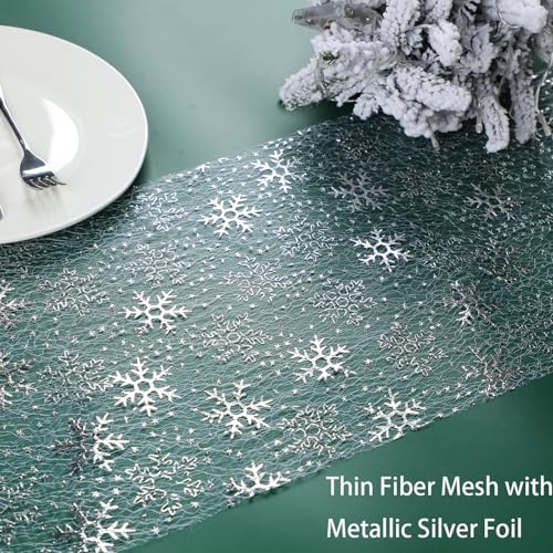 Silver Snowflake Table Runner 49 Feet - Sparkly Metallic Christmas Decor - Variation of Silver Snowflake / 49FT
