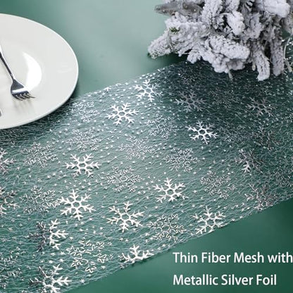 Silver Snowflake Table Runner 49 Feet - Sparkly Metallic Christmas Decor - Variation of Silver Snowflake / 49FT