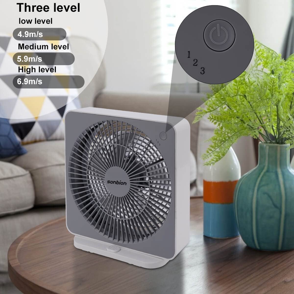 SONBION Small Box Fan, 10 inch Window Fan with 3 Speeds Strong Airflow, DC Adapter Square Table Fan for Bedroom Living Room Office Apartment, Quiet and Lightweight, 5ft Power Cord
