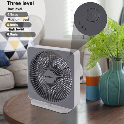 SONBION Small Box Fan, 10 inch Window Fan with 3 Speeds Strong Airflow, DC Adapter Square Table Fan for Bedroom Living Room Office Apartment, Quiet and Lightweight, 5ft Power Cord