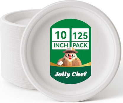 JOLLY CHEF Compostable Heavy Duty Plates - Eco-Friendly 10-Inch White Paper Plates | 125-Pack Made from Biodegradable Sugarcane Fibers
