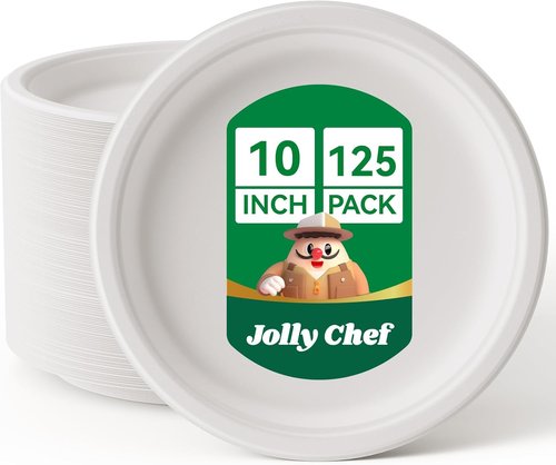 JOLLY CHEF Compostable Heavy Duty Plates - Eco-Friendly 10-Inch White Paper Plates | 125-Pack Made from Biodegradable Sugarcane Fibers