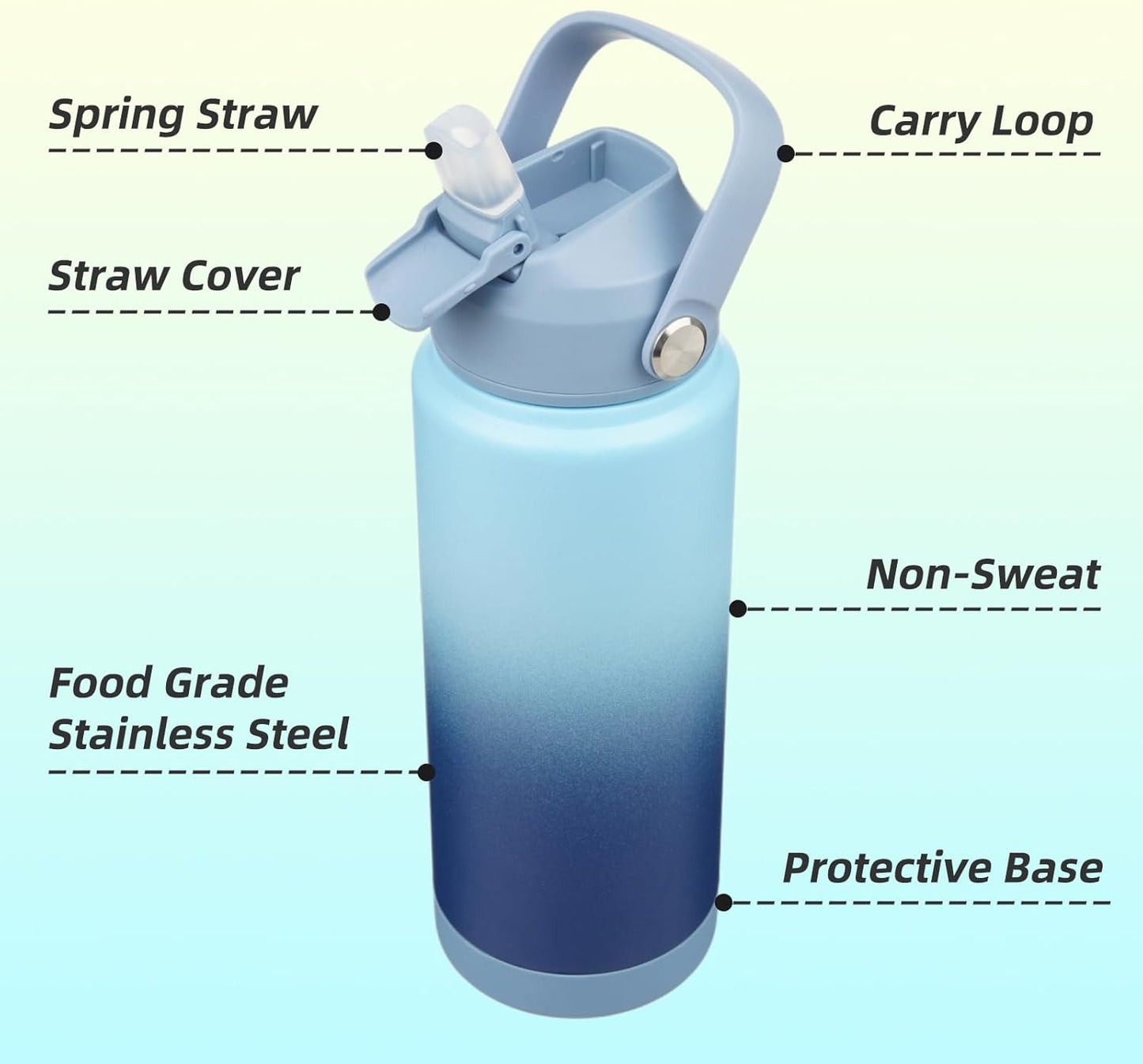 Skiennix Insulated Water Bottle - 24 Oz Stainless Steel with Straw Lid & Silicone Handle | Sky Color