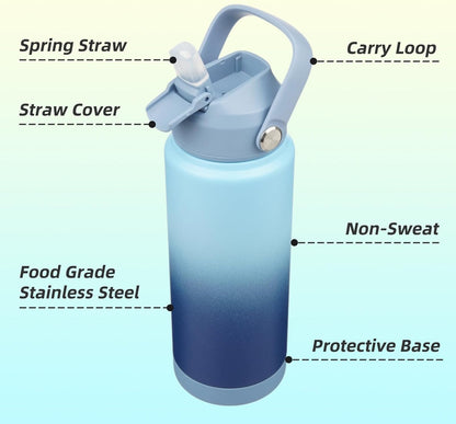 Skiennix Insulated Water Bottle - 24 Oz Stainless Steel with Straw Lid & Silicone Handle | Sky Color