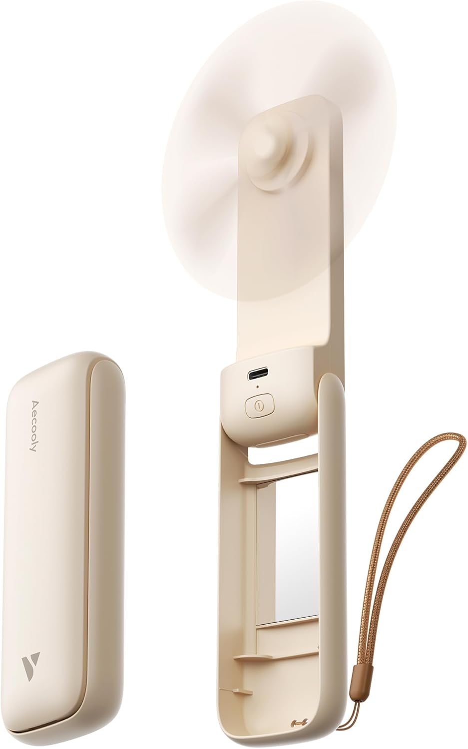 Aecooly Slim Portable Fan - USB Rechargeable Handheld Fan with Mirror | 24H Max Cooling Time, Beige