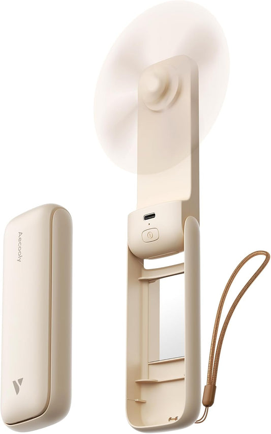 Aecooly Slim Portable Fan - USB Rechargeable Handheld Fan with Mirror | 24H Max Cooling Time, Beige