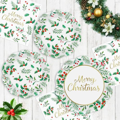 Christmas Disposable Paper Plates and Napkins Set - 150 Pcs Holiday Tableware - Merry Christmas Holiday Decorations - Variation: Christmas-150p