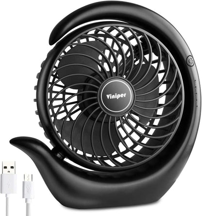 Viniper Portable Rechargeable Fan - Compact 3-Speed Desk Fan with 180° Rotation | 8-24 Hours Battery Life (Black)