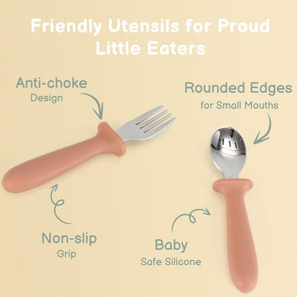 Eascrozn Toddler Spoons and Forks Set, 6 Pack Kids Silverware with Silicone Handle, BPA Free, 18/8 Stainless Steel Children Safe Toddler Utensils, Dishwasher Safe