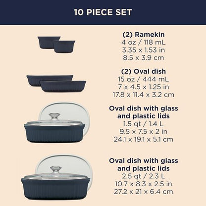 CorningWare 10-Piece Ceramic Bakeware Set - Chip & Crack Resistant | Microwave, Oven, Dishwasher Safe - French Navy