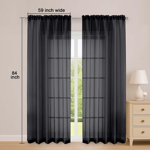 OWENIE Sheer Curtains 84 Inches Long 2 Panels Set, Black Sheer Curtain for Living Room Bedroom, Modern Filmy Rod Pocket Curtains Drapes, 2 Pcs, Each 59 W x 84L, Black