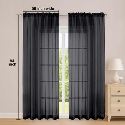 OWENIE Sheer Curtains 84 Inches Long 2 Panels Set, Black Sheer Curtain for Living Room Bedroom, Modern Filmy Rod Pocket Curtains Drapes, 2 Pcs, Each 59 W x 84L, Black