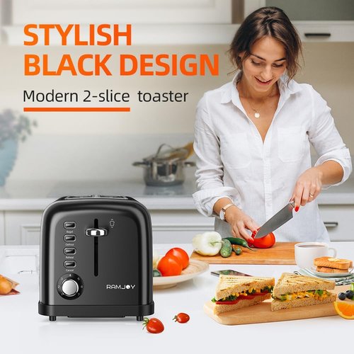 Black Stainless Steel Toaster - 2 Slice Extra Wide Slot for Bagels & Bread | 7 Shade Settings & Removable Crumb Tray
