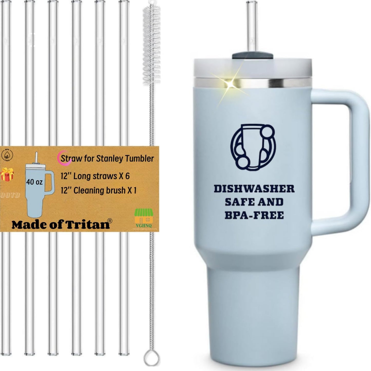 Stanley 40 OZ Tumbler Straws - Reusable, BPA-Free, Clear with Cleaning Brush | 6-Pack