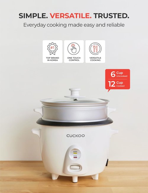 CUCKOO One Touch Rice Cooker - 12-Cup Capacity, Versatile Steamer & Soup Maker, White (CR-0601C)