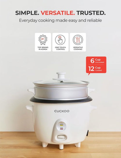 CUCKOO One Touch Rice Cooker - 12-Cup Capacity, Versatile Steamer & Soup Maker, White (CR-0601C)