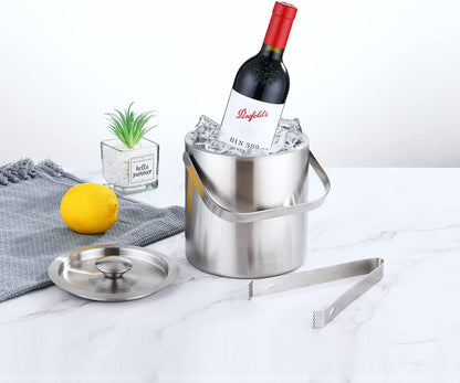 Mini Ice Bucket Portable Double Wall Ice Bucket with Tong,Stainless Steel Hotel Bucket/Champagne/Beverage Bucket,Size 1.3 Liters 5.5 x 5.5 in,Serveware for Party,Event,and Camping.