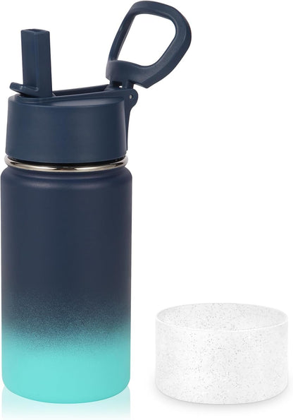Volhoply 14oz Kids Stainless Steel Insulated Water Bottle - Leakproof Straw Lid, BPA-Free | Blue Green