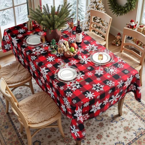Christmas Tablecloth Rectangle 60x120 Inches Red Plaid Snowflake - Snowflake Black & Red Variation