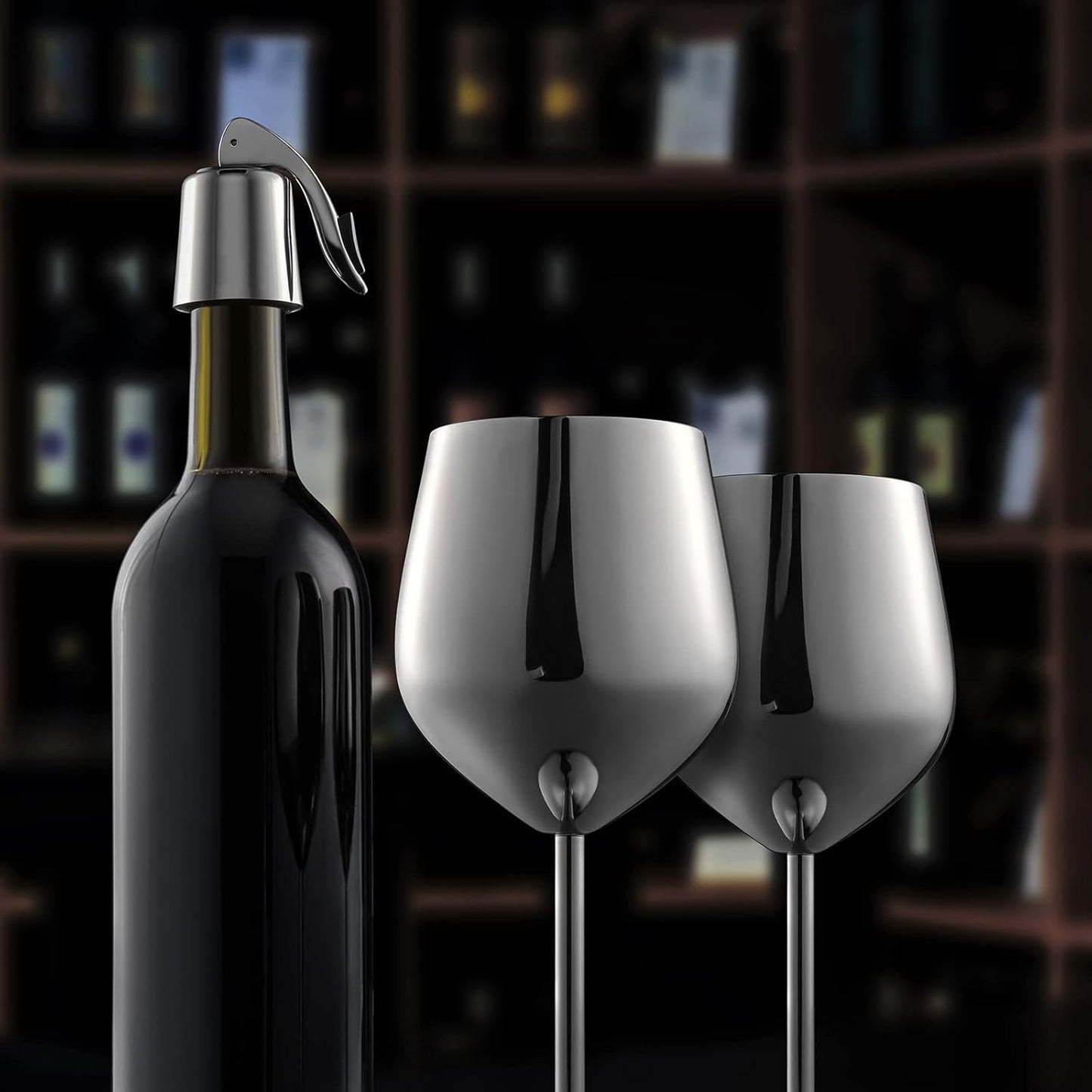 WOTOR Champagne Stoppers with Stainless Steel+Stainless Steel Wine Glasses Set of 4 (Silver)