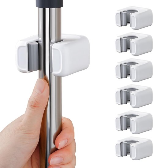 Funest Mop and Broom Holder Wall Mount - No Drill, Self-Adhesive, Non-Slip Grippers for Tile Walls | White, 6 Pack