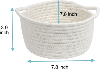 Small Woven Basket with Handle - Cute White Storage Bin for Organizing | Cotton Rope Nursery Gift Basket