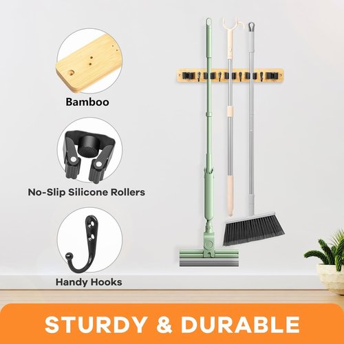 IMILLET Broom Holder Wall Mount - Bamboo Mop Hanger with 5 Racks & 4 Hooks | Home Organization Solution