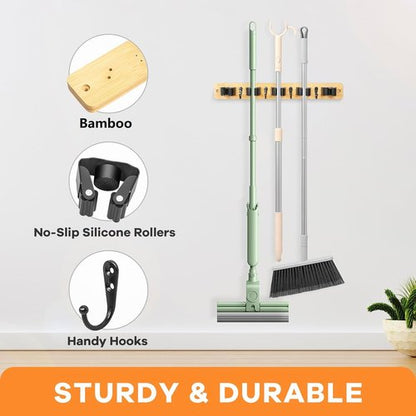 IMILLET Broom Holder Wall Mount - Bamboo Mop Hanger with 5 Racks & 4 Hooks | Home Organization Solution