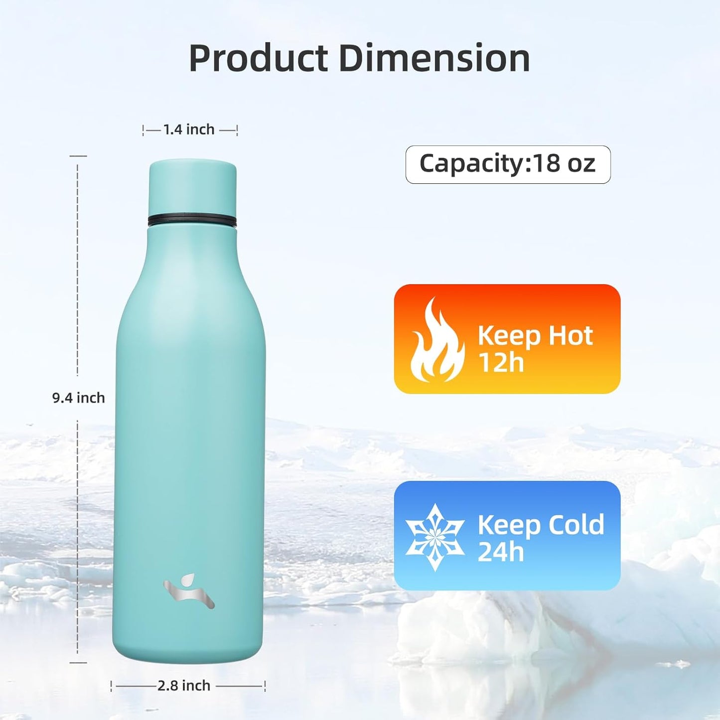 Skiennix Insulated Water Bottle - 18 oz Double Wall Stainless Steel Flask with Strap | Turquoise