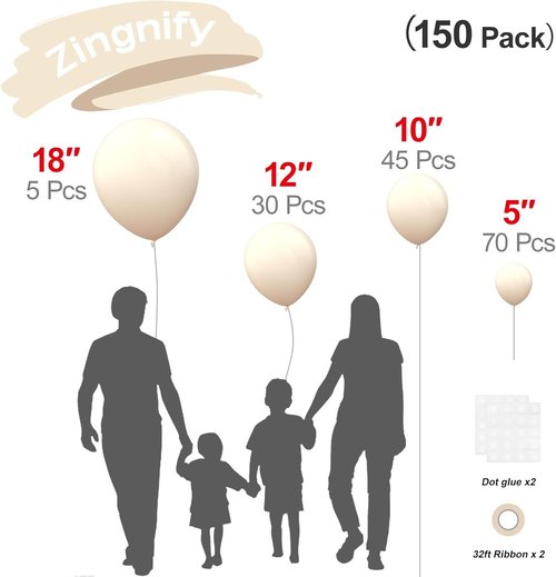 Beige Balloons by [Brand Name] - 150-Piece Pack in 18", 12", 10", 5" Sizes | Perfect for Birthday & Wedding Decorations