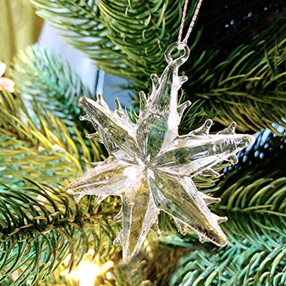 Clear Glass Snowflake Ornaments Set of 12 - Winter Christmas Hanging Decorations