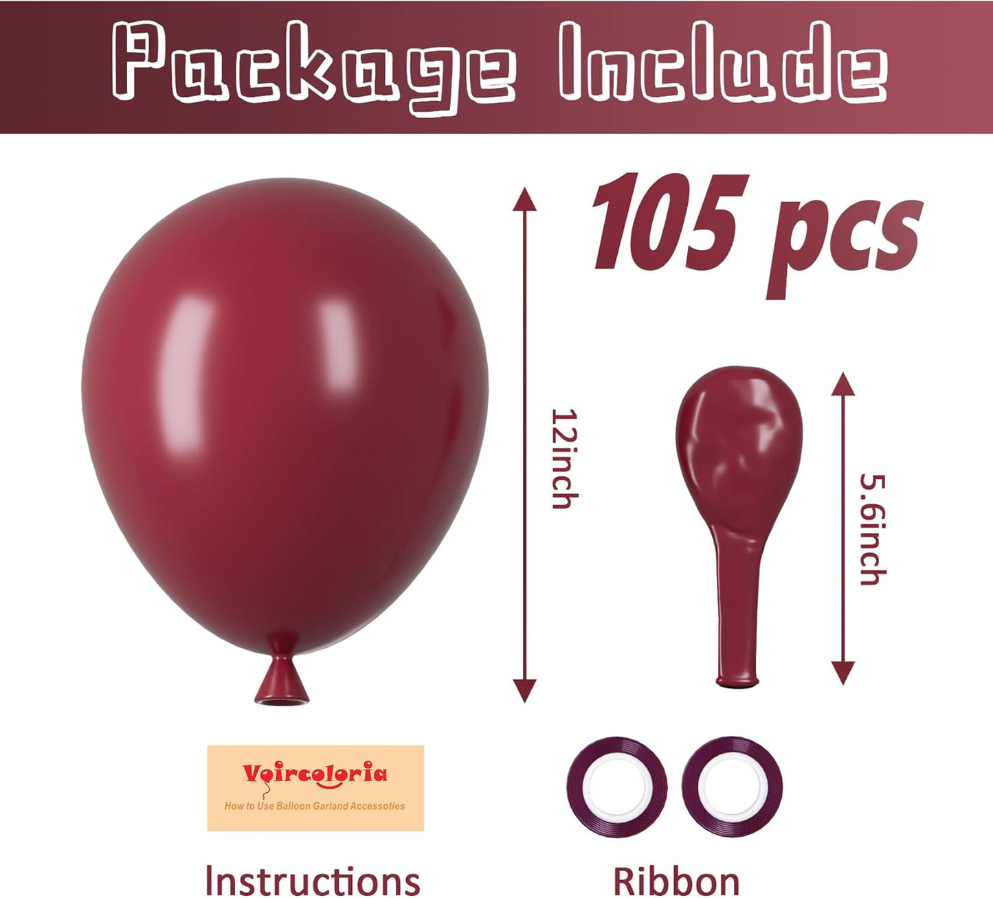 Voircoloria 105pcs Burgundy Balloons - 12 Inch Maroon Latex Balloons for Parties & Celebrations