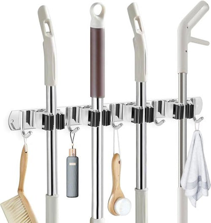 IMILLET Wall-Mounted Broom Holder - Heavy-Duty Stainless Steel Organizer for Home & Garage | 4 Racks & 5 Hooks