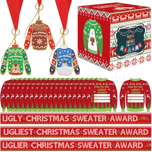 67 Pieces Ugly Sweater Voting Kit with Ballot Box Medals and Sashes for Christmas Party