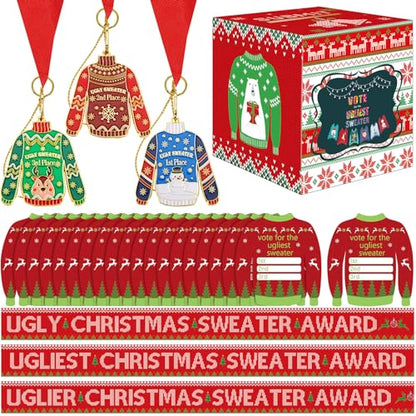 67 Pieces Ugly Sweater Voting Kit with Ballot Box Medals and Sashes for Christmas Party