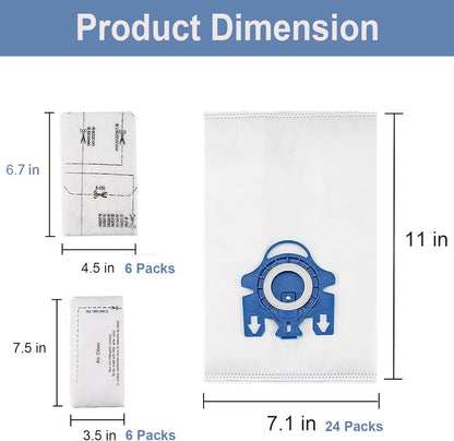 Miele 3D AirClean Vacuum Bags - 24 Pack with Motor Protection & Cleaning Brush | Compatible with Classic C1, C2, C3 Series