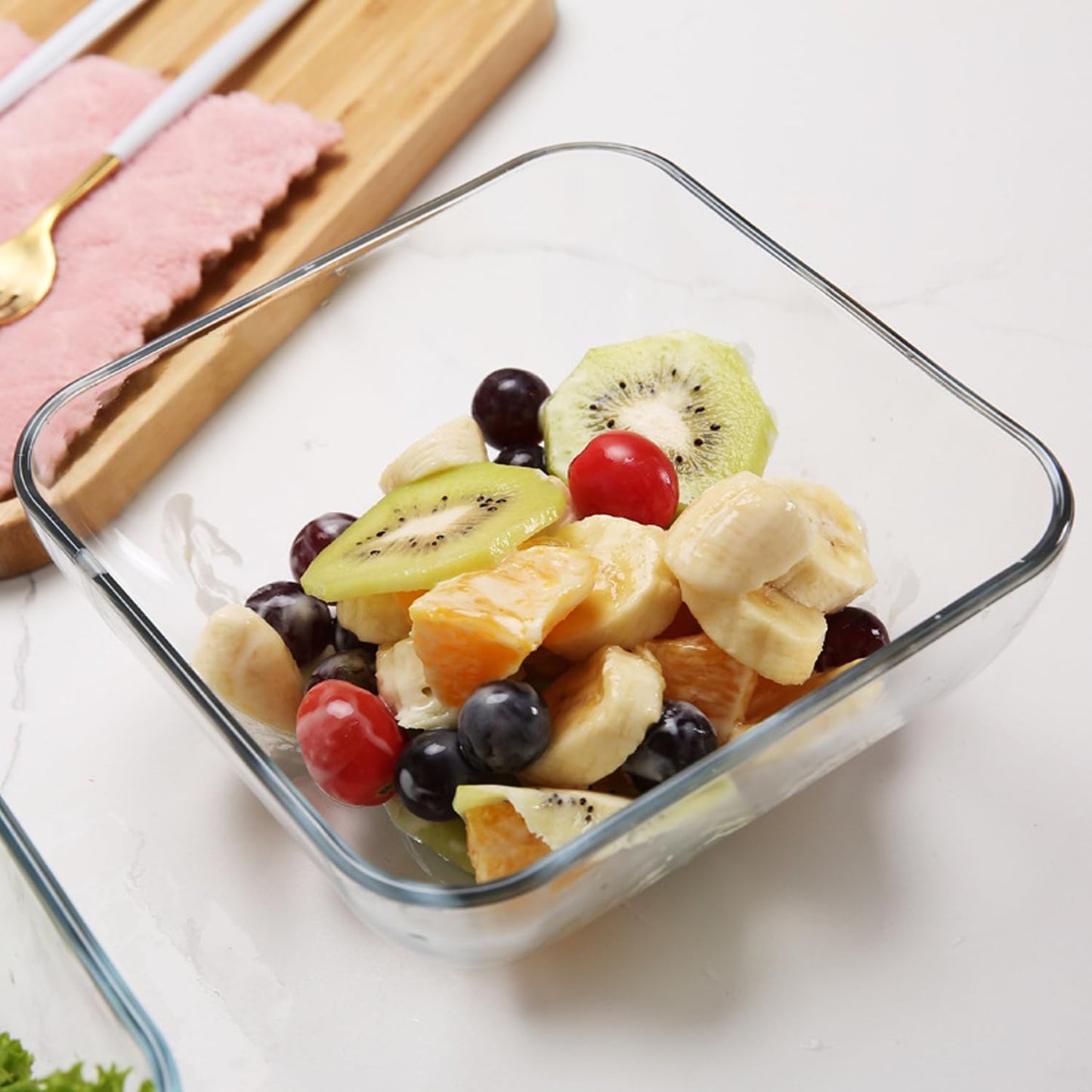 Skiennix 2-Quart Glass Mixing Bowls Set - Durable Tempered Glass | 8-Inch Square Salad Bowls, Set of 2