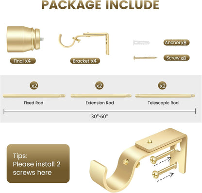 Skiennix Gold Curtain Rod - Heavy Duty Adjustable Telescopic Design | 30-60 Inch, 2 Pack for Windows