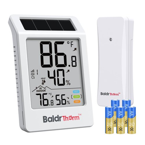 BaldrTherm Digital Hygrometer Indoor Outdoor Thermometer,Wireless Temperature Humidity Monitor with 330ft/100m Range, Multi-Zone Detection, Dual Power Supply & Trend Visualization, 1 Pack