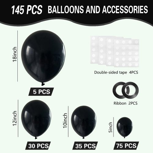 Black Balloons - 145-Piece Shiny Metallic Latex Balloon Arch Kit for Graduation, Halloween & Birthday Celebrations