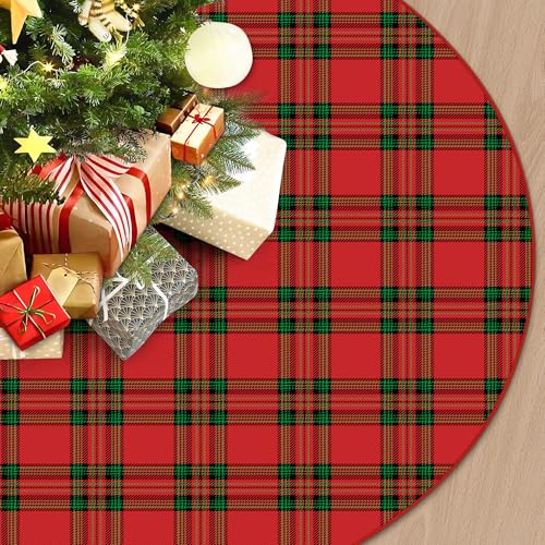 48 Inch Red Green Tartan Plaid Christmas Tree Skirt - Rustic Holiday Decor
